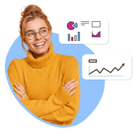 woman wearing glasses looking at graphs that are positive