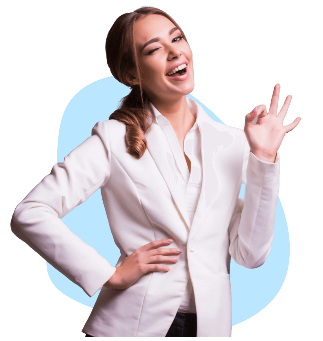 man in blue smiling and pointing to the right