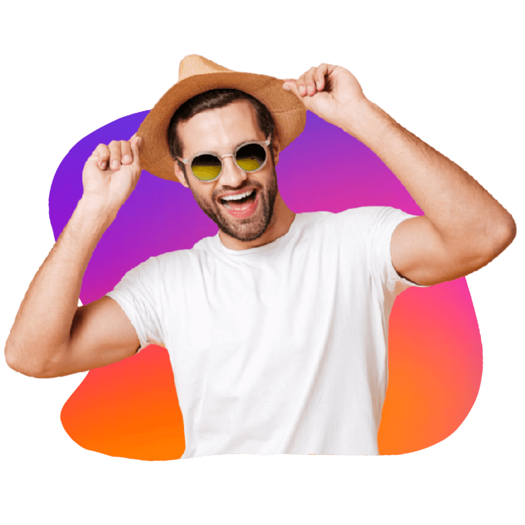 man in blue smiling and pointing to the right