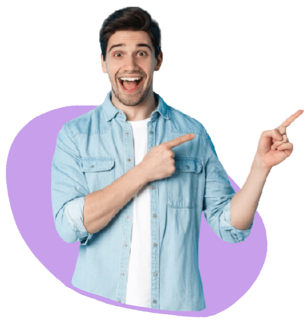 man in blue smiling and pointing to the right