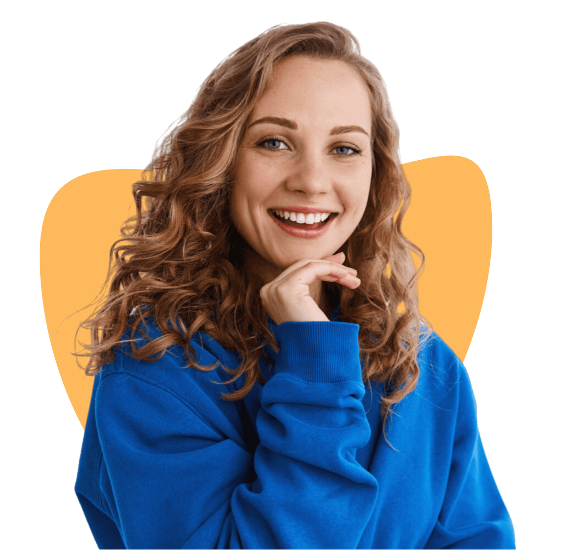 man in blue smiling and pointing to the right